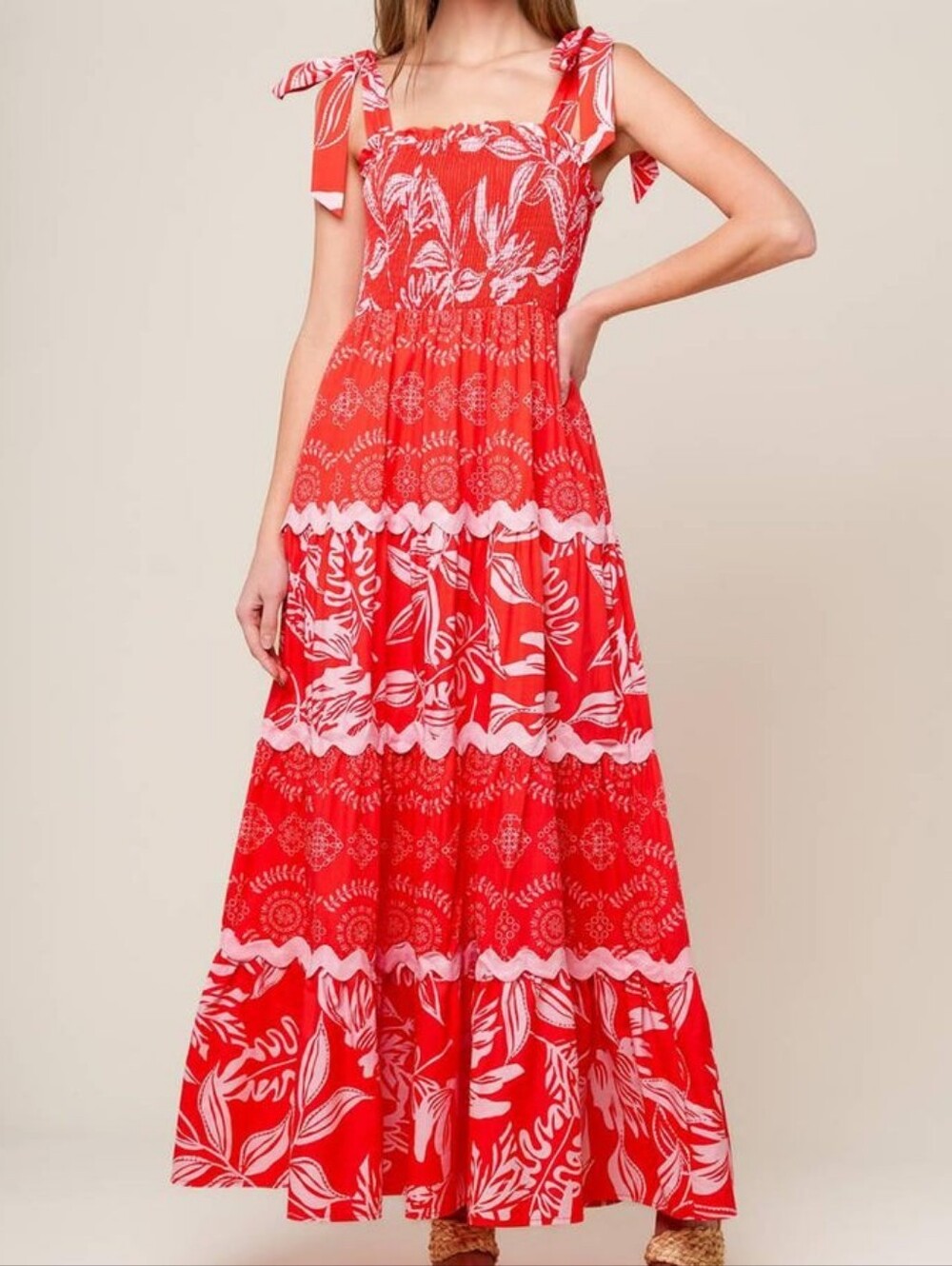 Flying Tomato Red & White Floral Tie-Shoulder Maxi Dress